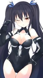 Rule 34 | 1girl, absurdres, alternate costume, bare shoulders, bimmy, black hair, black heart (neptunia), blue hair, blue ribbon, bodysuit, breasts, cleavage, curious, duplicate, elbow gloves, gloves, hair between eyes, hair ribbon, hand on own hip, highres, large breasts, legs, leotard, long hair, looking at viewer, medium breasts, neptune (series), noire (neptunia), one eye closed, open mouth, red eyes, ribbon, simple background, solo, thighs, tsundere, twintails, very long hair, wink