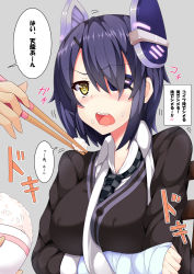 Rule 34 | 10s, 1girl, bandages, blush, breasts, chopsticks, eyepatch, feeding, food, food on face, gloves, headgear, kantai collection, large breasts, necktie, oga raito, open mouth, personification, purple hair, rice, school uniform, short hair, solo focus, tenryuu (kancolle), translation request, yellow eyes