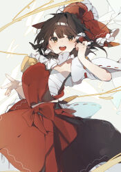 Rule 34 | 1girl, absurdres, ascot, bow, brown eyes, brown hair, detached sleeves, hair bow, hair tubes, hakurei reimu, higa (gominami), highres, japanese clothes, long hair, looking at viewer, nontraditional miko, open mouth, red bow, red skirt, ribbon-trimmed sleeves, ribbon trim, sarashi, skirt, smile, solo, touhou, white sleeves, wide sleeves, yellow ascot