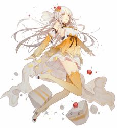 Rule 34 | 1girl, artist name, bare shoulders, cherry, commentary request, detached sleeves, dress, eyebrows hidden by hair, floating hair, food, fruit, halterneck, halterneck, high heels, highres, long hair, open mouth, original, shui ran moon, solo, thighhighs, very long hair, white footwear, white hair, yellow dress, yellow eyes, yellow thighhighs