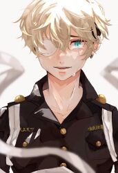 Rule 34 | 1boy, aqua eyes, bandages, black jacket, blonde hair, crying, earrings, eyepatch, gold buttons, hair between eyes, highres, jacket, jewelry, looking at viewer, male focus, matsuno chifuyu, nitijoy2, open mouth, short hair, single earring, smile, solo, tears, tokyo revengers, undercut, upper body, wavy hair, white background