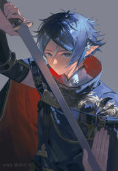 Rule 34 | 1boy, absurdres, arknights, black jacket, blue eyes, blue hair, chinese commentary, commentary request, frown, gejiandenghuo, grey background, hand up, high collar, highres, holding, holding sword, holding weapon, jacket, looking at viewer, male focus, pointy ears, red jacket, simple background, solo, sword, two-sided fabric, two-sided jacket, upper body, weapon, weibo watermark, zuo le (arknights)