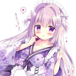 Rule 34 | 1girl, apron, azumi kazuki, blush, bow, breasts, brown hair, cleavage, collarbone, commentary request, cup, floral print, frilled apron, frills, hair between eyes, hair bow, hair intakes, hair ribbon, hands up, heart, highres, holding, holding cup, japanese clothes, kimono, long hair, long sleeves, looking at viewer, maid, maid headdress, medium breasts, nail polish, original, parted lips, pink nails, pleated skirt, print kimono, purple bow, purple eyes, purple kimono, purple skirt, ribbon, simple background, skirt, solo, spoken heart, translation request, two side up, very long hair, wa maid, white apron, white background, white bow, white ribbon, wide sleeves