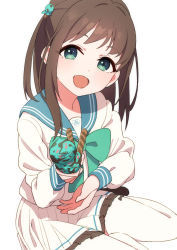 Rule 34 | 1girl, afnroll, airi (blue archive), blue archive, blue sailor collar, brown hair, food, food-themed hair ornament, frilled skirt, frills, green eyes, green ribbon, hair ornament, highres, holding, holding food, ice cream, looking at viewer, mint chocolate, mint chocolate chip, open mouth, ribbon, sailor collar, school uniform, shirt, simple background, sitting, skirt, solo, thighhighs, wafer stick, white background, white shirt, white skirt