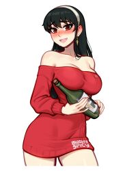 Rule 34 | 1girl, :d, alcohol, artist name, bare shoulders, black hair, blush, blushyspicy, bottle, breasts, cleavage, commentary, cowboy shot, dress, earrings, english commentary, english text, hairband, holding, holding bottle, jewelry, large breasts, long hair, long sleeves, looking at viewer, no legwear, off-shoulder dress, off-shoulder sweater, off shoulder, open mouth, red eyes, red sweater, refrigerator, sidelocks, smile, solo, spy x family, sweater, sweater dress, transparent background, yor briar