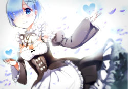 Rule 34 | 10s, 1girl, apron, asymmetrical bangs, bad id, bad pixiv id, blue eyes, blue hair, blurry, blush, bow, breasts, chuzz, cleavage, commentary request, detached sleeves, dress, dutch angle, flower, frilled apron, frilled dress, frilled sleeves, frills, hair flower, hair ornament, hair over one eye, hands up, heart, highres, holding, holding heart, light blush, looking at viewer, maid, petals, re:zero kara hajimeru isekai seikatsu, rem (re:zero), short hair, sleeves past wrists, smile, solo, wide sleeves, x hair ornament