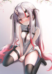 Rule 34 | 1girl, absurdres, between breasts, black necktie, blush, breasts, breasts squeezed together, cherry blossoms, collared shirt, frown, gradient hair, grey hair, head tilt, highres, hololive, horns, long hair, looking at viewer, multicolored hair, nakiri ayame, nakiri ayame (streetwear), necktie, necktie between breasts, red eyes, red hair, shirt, simple background, sitting, skin-covered horns, skindentation, sleeveless, small breasts, streaked hair, terra bose, thigh strap, thighhighs, thighs, twintails, v arms, very long hair, virtual youtuber, wariza