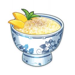 Rule 34 | artist request, bowl, commentary, dessert, english commentary, floral print, food, food focus, game cg, garnish, genshin impact, leaf, lowres, mango, mint, no humans, official art, rice, rice pudding, simple background, still life, third-party source, transparent background