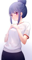 Rule 34 | 1girl, blue hair, breasts, clenched hands, gym uniform, hair bun, hands on own chest, highres, koromo take, looking at viewer, parted lips, pink eyes, shima rin, shirt, short sleeves, sidelocks, simple background, small breasts, sweat, sweaty clothes, upper body, white background, white shirt, yurucamp