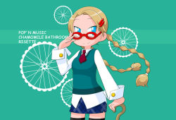 Rule 34 | 1girl, black thighhighs, blonde hair, blue eyes, braid, breasts, cane, character name, copyright name, glasses, hair ornament, hairclip, kamocham, long hair, necktie, pop&#039;n music, red-framed eyewear, risette, simple background, skirt, smile, smirk, solo, sweater vest, thighhighs, twin braids, very long hair, white background, zettai ryouiki