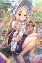Rule 34 | 1girl, abigail williams (fate), abigail williams (swimsuit foreigner) (fate), abigail williams (swimsuit foreigner) (third ascension) (fate), bare shoulders, bead bracelet, beads, bikini, black cat, black jacket, blonde hair, blue eyes, blush, bonnet, bow, bracelet, breasts, cat, eating, fate/grand order, fate (series), food, forehead, fork, hair bow, highres, jacket, jewelry, light rays, long hair, looking at viewer, miniskirt, navel, off shoulder, open clothes, open jacket, pancake, parted bangs, sandals, sidelocks, skirt, small breasts, swimsuit, torino aqua, twintails, very long hair, white bikini, white bow, white headwear