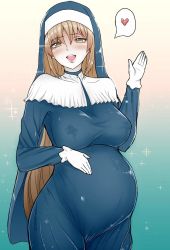 Rule 34 | 1girl, blush, breasts, gloves, hand on own stomach, headwear request, heart, highres, lactation, lactation through clothes, large breasts, long hair, mushymushy desu, nijisanji, nun, pregnant, sister claire, smile, solo, spoken heart, virtual youtuber