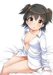 Rule 34 | 10s, 1girl, akagi miria, black hair, blush, bottomless, breasts, brown eyes, cleavage, collared shirt, gaichi, idolmaster, idolmaster cinderella girls, looking at viewer, medium breasts, medium hair, naked shirt, no bra, open clothes, open shirt, parted lips, shirt, sideboob, sitting, solo, thighs, twintails, two side up, white background