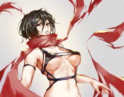 Rule 34 | 1girl, arched back, bad id, bad pixiv id, black eyes, black hair, harness, highres, looking at viewer, mikasa ackerman, navel, parted lips, pauld, scarf, shingeki no kyojin, short hair, simple background, solo