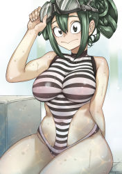 Rule 34 | 1girl, asui tsuyu, barefoot, black hair, boku no hero academia, breasts, cleavage, curvy, female focus, goggles, goggles on head, green eyes, green hair, highres, large breasts, legs, long hair, one-piece swimsuit, see-through, shosho oekaki, sitting, smile, solo, striped clothes, striped one-piece swimsuit, swimsuit, thighs, water, wet