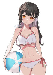 Rule 34 | 1girl, ball, bare shoulders, beachball, bikini, black hair, braid, breasts, commentary request, cowboy shot, expressionless, highres, holding, holding ball, holding beachball, long hair, looking ahead, looking at viewer, mole, mole under eye, navel, nima (niru54), orange eyes, original, parted lips, signature, simple background, single braid, sketch, small breasts, solo, stomach, straight-on, swimsuit, white background, white bikini