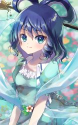 Rule 34 | 1girl, aqua dress, belt, blue eyes, blush, breasts, collarbone, commentary request, dress, drill hair, floral print, flower, frilled dress, frills, hagoromo, hair between eyes, hair ornament, hair rings, hair stick, highres, kaku seiga, looking at viewer, one-hour drawing challenge, oudondk, puffy short sleeves, puffy sleeves, shawl, short hair, short sleeves, small breasts, smile, solo, touhou, upper body, vest, white vest