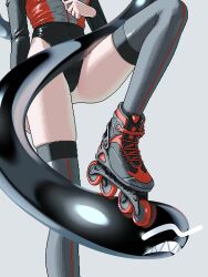 Rule 34 | 1girl, black leotard, covered navel, grey background, grey thighhighs, head out of frame, highres, inline skates, legs, leotard, lower body, narume, original, roller skates, simple background, skates, solo, thighhighs