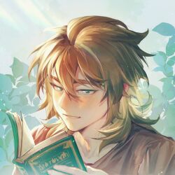 Rule 34 | 1boy, blonde hair, book, brown shirt, chinese commentary, commentary request, fuxiangyi800, green eyes, hair between eyes, highres, holding, holding book, isoi reiji, leaf, light particles, male focus, portrait, saibou shinkyoku, sanpaku, shirt, short hair, smile, solo