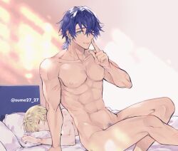 Rule 34 | 2boys, abs, aftersex, bed, blonde hair, blue eyes, blue hair, completely nude, finger to mouth, gepard landau, green eyes, hair between eyes, hickey, honkai: star rail, honkai (series), index finger raised, looking at viewer, lying, male focus, male pubic hair, multiple boys, nipples, nude, on bed, one eye closed, pectorals, pillow, pubic hair, sampo koski, scar, scratches, sitting, sleeping, sumeshi (ginshari40), toned, toned male, twitter username, yaoi