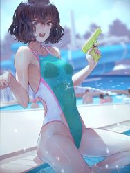 Rule 34 | 1girl, black eyes, black hair, breasts, competition swimsuit, green one-piece swimsuit, highres, holding, holding water gun, kaoming, nanjou ao, navel, one-piece swimsuit, open mouth, original, poolside, see-through, short hair, sitting, solo focus, swimsuit, teeth, water, water gun