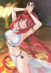Rule 34 | 1girl, armlet, armpits, ass, blue nails, breasts, closed mouth, dancer, genshin impact, gold bracelet, green eyes, harem outfit, highres, jewelry, long hair, low twintails, matrix16, medium breasts, navel, neck ring, nilou (genshin impact), red hair, sideboob, smile, solo, stomach, thighs, twintails, very long hair