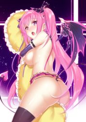 Rule 34 | 1girl, :o, anneliese, ass, black thighhighs, blush, breasts, demon girl, demon horns, demon tail, demon wings, hair ribbon, highres, horns, kimagure temptation, large breasts, long hair, looking at viewer, hugging object, open mouth, oyukikeiho, pillow, pillow hug, pink eyes, pink hair, purple eyes, ribbon, shiny skin, skindentation, solo, tail, thighhighs, thong, topless, twintails, wings