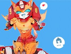 Rule 34 | 2boys, animal ears, autobot, blue background, blue eyes, cat ears, cat tail, fang, highres, kemonomimi mode, looking at viewer, machine, machinery, male focus, mecha, multiple boys, no humans, open mouth, paw pose, personification, robot, rodimus, sitting, tail, transformers, ultra magnus
