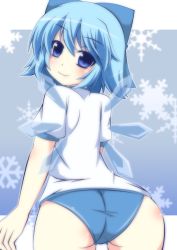 Rule 34 | 1girl, alternate costume, ass, back, blue eyes, blue hair, bow, buruma, cirno, from behind, gym uniform, hair bow, hair ribbon, ice, ice wings, looking at viewer, looking back, masiromu, matching hair/eyes, ribbon, short hair, smile, snowflakes, solo, touhou, twisted neck, wings