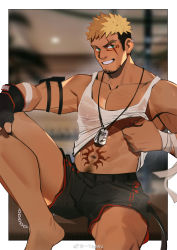 Rule 34 | 1boy, abs, bara, bare shoulders, barefoot, black shorts, blonde hair, blush, brown hair, bulge, clothes lift, commission, covered erect nipples, dark-skinned male, dark skin, ear piercing, facial hair, facial scar, feet out of frame, goatee, highres, large pectorals, lifting own clothes, looking at viewer, male focus, mature male, multicolored hair, muscular, muscular male, navel, navel hair, nipple stimulation, nipple tweak, nipples, original, pectoral cleavage, pectorals, piercing, romg, scar, scar across eye, scar on cheek, scar on face, see-through, shirt, shirt lift, short hair, shorts, sideburns, sidepec, sitting, solo, spiked hair, stomach, stomach tattoo, tank top, tattoo, thick eyebrows, thick thighs, thighs, tweaking own nipple, two-tone hair, undercut, wet, wet clothes, wet shirt, white tank top, yaowu
