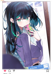 Rule 34 | 1girl, absurdres, black hair, black nails, blush, breasts, cellphone, colored inner hair, earbuds, earphones, english text, green eyes, grey hair, highres, holding, holding phone, looking at viewer, looking back, medium breasts, midriff, midriff peek, mirror, movik, multicolored hair, nail polish, original, phone, selfie, solo, sparkle, star-shaped pupils, star (symbol), streaked hair, sweat, sweatdrop, symbol-shaped pupils