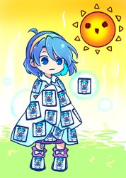 Rule 34 | 1girl, :3, ahoge, blue eyes, blue hair, boots, cape, card, chibi, cirno, commentary, dress, full body, hairband, highres, multicolored hairband, patchwork clothes, pote (ptkan), purple footwear, rainbow gradient, short hair, solo focus, standing, sun, symbol-only commentary, tenkyuu chimata, touhou, white cape