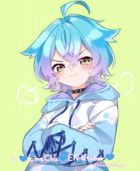 Rule 34 | 1boy, :3, artist request, blue hair, blush, closed mouth, green background, green eyes, highres, hood, hoodie, indie virtual youtuber, linechu, long sleeves, male focus, multicolored hair, short hair, smile, trap, virtual youtuber, wavy hair