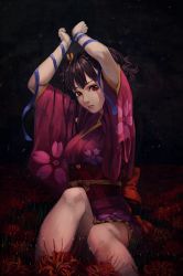 Rule 34 | 10s, 1girl, arm ribbon, arms up, black hair, blue ribbon, bound, bound wrists, breasts, brown hair, cherry blossoms, closed mouth, dark, entangled, floral print, flower, frills, hair ribbon, highres, japanese clothes, kimono, koutetsujou no kabaneri, long sleeves, looking at viewer, medium breasts, mumei (kabaneri), namako mikan, obi, red eyes, red flower, ribbon, sash, short kimono, sidelocks, sitting, solo, spider lily, twintails, wavy hair, wide sleeves