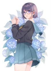 Rule 34 | 1girl, :o, akira (mr akira), black-framed eyewear, black shirt, blue sailor collar, blue skirt, blush, cowboy shot, floral background, flower, from side, glasses, hands up, highres, hydrangea, looking at viewer, looking to the side, open mouth, original, own hands together, pleated skirt, purple eyes, purple hair, sailor collar, school uniform, serafuku, shirt, short hair, skirt, solo, striped clothes, striped skirt, thighs