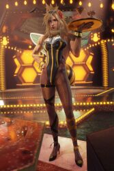Rule 34 | 3d, absurdres, alcohol, alternate costume, alternate hairstyle, bee costume, blonde hair, blue eyes, bodysuit, bulge, cloud strife, costume, crossdressing, crown, drink, final fantasy, final fantasy vii, final fantasy vii remake, flower, hair flower, hair ornament, high heels, highres, honeybee inn, lipstick, long hair, makeup, nail polish, ria-neearts, shoes, solo, spiked hair, striped clothes, tight clothes