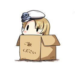 Rule 34 | 1girl, blonde hair, box, cardboard box, dated, hat, hatsuzuki 527, in box, in container, kantai collection, long hair, no eyewear, northampton (kancolle), peaked cap, simple background, solid oval eyes, solo, translated, twitter username, white background, white hat