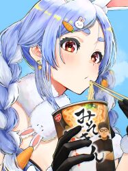 Rule 34 | 1girl, absurdres, animal ear fluff, animal ears, arm garter, artist name, black gloves, black leotard, blowing on food, blue hair, blush, braid, breasts, carrot earrings, carrot hair ornament, chopsticks, cleavage, commentary, cup ramen, don-chan (usada pekora), dress, earrings, eating, food-themed earrings, food-themed hair ornament, food themed earrings, from side, fur-trimmed gloves, fur trim, gloves, hair ornament, hairclip, highres, hikakin, hikakin (person), holding, holding chopsticks, hololive, jewelry, leotard, leotard under clothes, light blue hair, long hair, looking at viewer, multicolored hair, nissin, oonouni, parted bangs, product placement, puckered lips, rabbit-shaped pupils, rabbit ears, rabbit hair ornament, red eyes, sidelocks, simple background, small breasts, solo, steam, strapless, strapless dress, symbol-only commentary, symbol-shaped pupils, thick eyebrows, twin braids, twintails, two-tone hair, upper body, usada pekora, usada pekora (1st costume), virtual youtuber, white dress, white hair