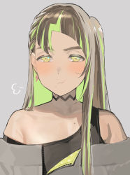 Rule 34 | 1girl, :t, blunt bangs, blush, breasts, brown hair, closed mouth, diagonal bangs, earrings, green hair, grey background, ikuchan kaoru, jewelry, lightning bolt earrings, lightning bolt symbol, looking at viewer, mole, mole on breast, mole under mouth, multicolored hair, original, pout, puff of air, simple background, solo, streaked hair, upper body, yellow eyes