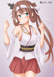 Rule 34 | 1girl, anti (untea9), asagumo (kancolle), bare shoulders, blush, breasts, brown hair, cosplay, cowboy shot, detached sleeves, fusou (kancolle), fusou (kancolle) (cosplay), gradient background, green eyes, hair ornament, highres, japanese clothes, kantai collection, long hair, looking at viewer, medium breasts, nontraditional miko, obi, pink background, pleated skirt, ribbon, sash, side ponytail, skirt, smile, solo