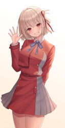 Rule 34 | 1girl, arm behind back, bad id, bad twitter id, blonde hair, blue ribbon, bob cut, breasts, dress, grey dress, grin, hair ribbon, hand up, head tilt, highres, looking at viewer, lycoris recoil, lycoris uniform, medium breasts, neck ribbon, nishikigi chisato, one side up, pleated dress, red dress, red eyes, red ribbon, ribbon, seungju lee, short hair, simple background, smile, solo, teeth, two-tone dress, waving, white background