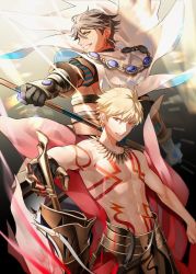 Rule 34 | 2boys, armor, bare pectorals, black gloves, black hair, blonde hair, cape, chest tattoo, ea (fate/stay night), earrings, fate/grand order, fate (series), gilgamesh (fate), gloves, gold trim, grin, holding, holding staff, jewelry, looking at viewer, male focus, multiple boys, necklace, ozymandias (fate), pectorals, red eyes, single glove, smile, staff, takashi (huzakenna), tattoo, topless male, upper body, white cape, yellow eyes