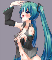 Rule 34 | 1girl, aqua eyes, aqua hair, bad id, bad pixiv id, blush, cupping hand, detached sleeves, green nails, hatsune miku, hikataso, long hair, nail polish, navel, open clothes, open mouth, open shirt, sexually suggestive, shirt, simple background, solo, suggestive fluid, tongue, twintails, very long hair, vocaloid