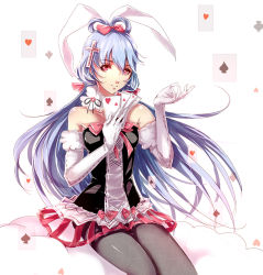 Rule 34 | 1girl, bare shoulders, black corset, blue hair, bow, card, collarbone, corset, cross hair ornament, diamonds (playing card), elbow gloves, fur collar, gloves, hair bow, hair ornament, hairband, hearts (playing card), holding, holding card, jussica, long hair, looking at viewer, original, pantyhose, pink eyes, red skirt, sitting, skirt, smile, solo, very long hair, white gloves