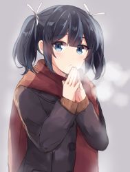 Rule 34 | 10s, 1girl, alternate costume, black hair, blue eyes, coat, hair ribbon, kantai collection, komachi narota, long hair, looking at viewer, open mouth, own hands together, ribbon, scarf, short hair, solo, souryuu (kancolle), twintails
