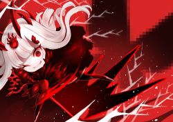 Rule 34 | 1girl, absurdres, colored skin, dress, evil (okame nin), highres, horns, long hair, looking at viewer, okame nin, one eye closed, original, red dress, red eyes, red theme, smile, solo, white hair, white skin