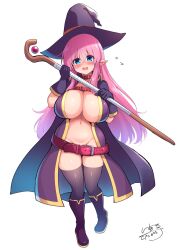 Rule 34 | 1girl, belt, black gloves, black thighhighs, blue eyes, breasts, c.r., cape, cleavage, fang, gloves, hat, highres, holding, holding scepter, large breasts, long hair, looking at viewer, no panties, no pants, original, pink hair, pointy ears, scepter, skin fang, solo, thighhighs, witch, witch hat