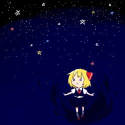 Rule 34 | 1girl, blonde hair, hair ornament, hair ribbon, o o, open mouth, outstretched arms, ribbon, rumia, short hair, sketch, sky, solo, spread arms, star (sky), starry sky, touhou, yamabuki (yusuraume)
