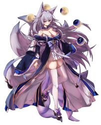 Rule 34 | 1girl, absurdres, azur lane, bare shoulders, bow, breasts, bug, butterfly, cleavage, crr001, detached collar, grey hair, high heels, highres, huge filesize, insect, japanese clothes, kimono, kitsune, kyuubi, large breasts, long hair, long sleeves, looking at viewer, moon phases, multiple tails, nail polish, off shoulder, purple bow, purple butterfly, purple eyes, shinano (azur lane), simple background, skirt, solo, tail, thighhighs, transparent background, very long hair, white skirt, white tail, white thighhighs, wide sleeves, zettai ryouiki
