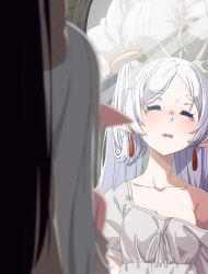 Rule 34 | 2girls, blush, brushing another&#039;s hair, brushing hair, button gap, closed eyes, collarbone, commentary request, earrings, elf, fern (sousou no frieren), frieren, highres, holding, holding brush, jewelry, long hair, mirror, multiple girls, off shoulder, open mouth, pointy ears, purple hair, reflection, sando (dukedevil), sleepy, sousou no frieren, tears, twintails, white hair
